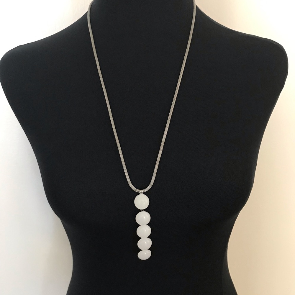 Skagen Silver Tone Necklace with Five Moon Stone Type Hanging Pendant.